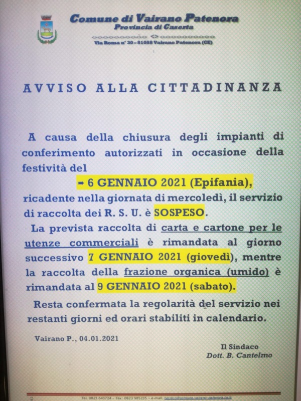 Vairano Patenora 6 Gennaio Avviso Di Variazione Al Calendario Della Raccolta Differenziata Dei Rifiuti